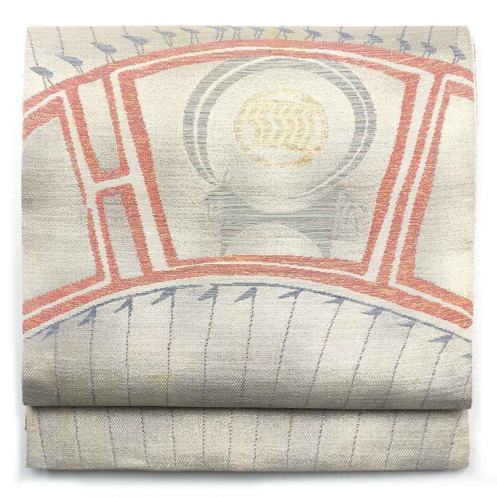 袋帯 リサイクル帯 幅31cm 長さ435cm レディース 抽象柄 秋冬春用 正絹（シルク）シルバー 難有り リメイク リユース【ランクC】