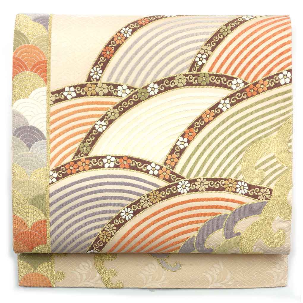 袋帯 リサイクル帯 幅30.5cm 長さ433cm レディース 波頭 秋冬春用 正絹（シルク）ピンク 未使用品 リメイク リユース【ランクS】