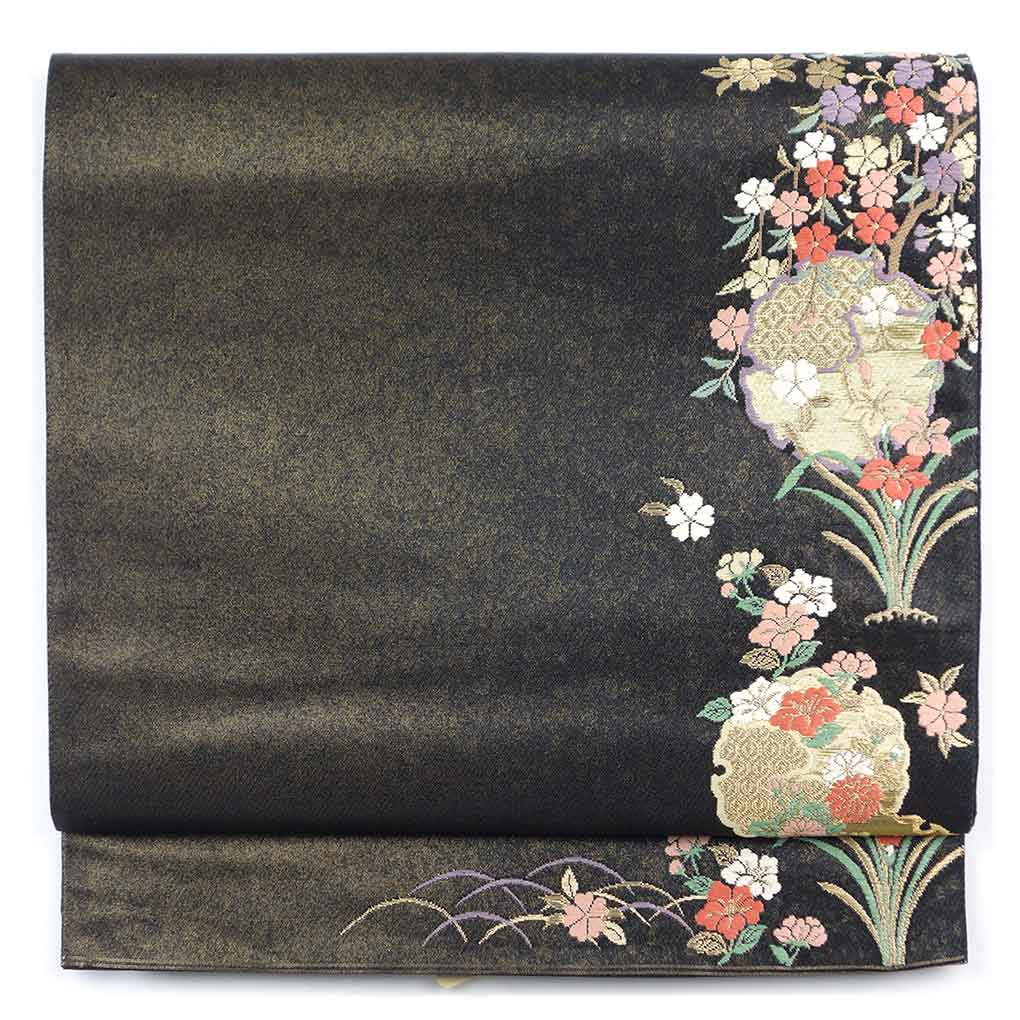 袋帯 リサイクル帯 幅31cm 長さ444cm レディース 花柄 秋冬春用 正絹（シルク）ブラック 美品 リメイク リユース【ランクA】