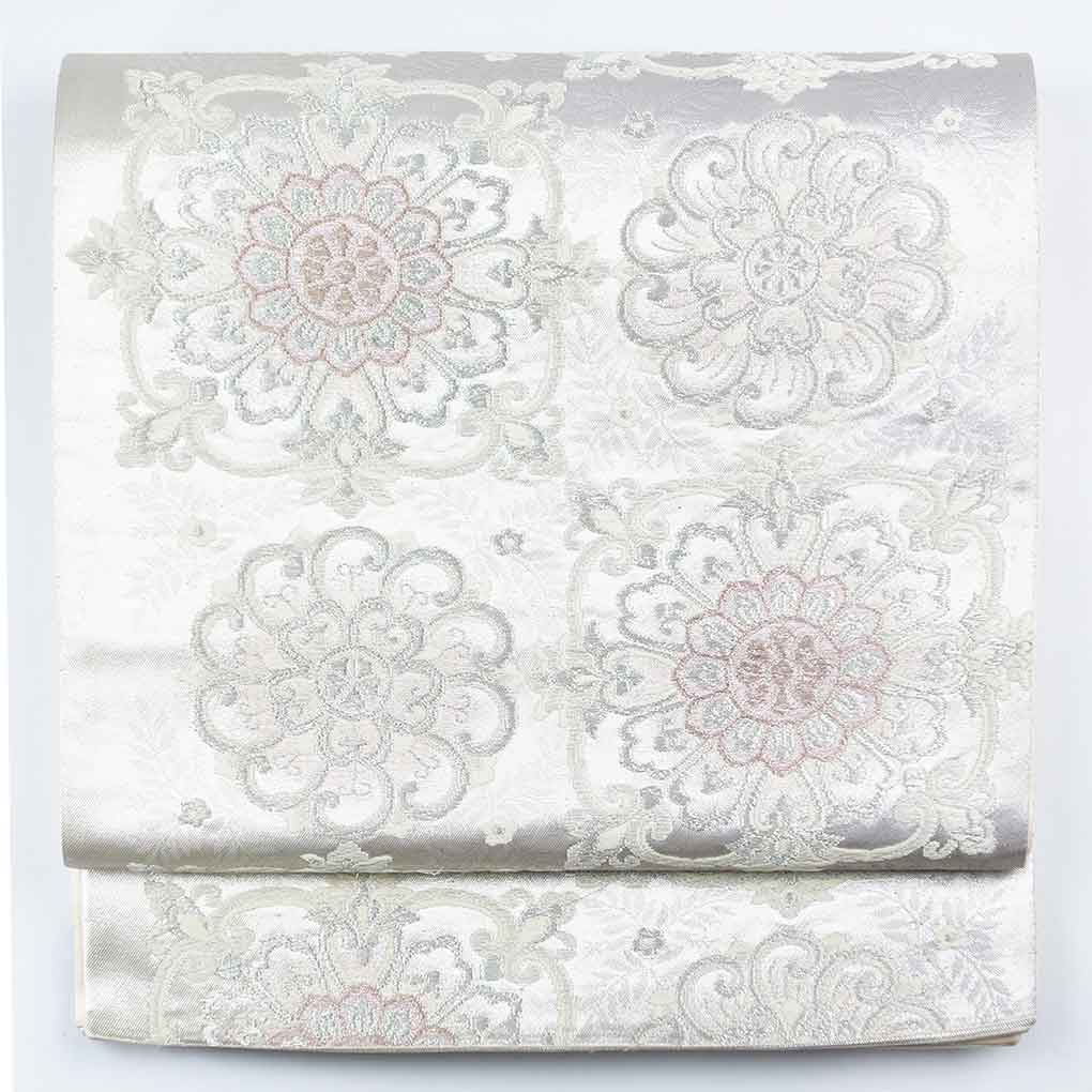袋帯 リサイクル帯 幅30.5cm 長さ433cm レディース 花柄 秋冬春用 正絹（シルク）シルバー 美品 リメイク リユース【ランクA】