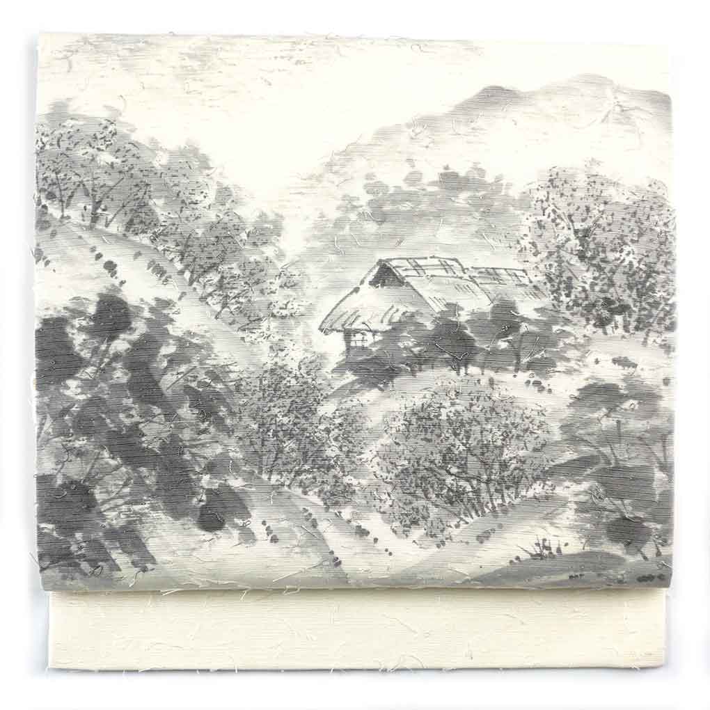名古屋帯 リサイクル帯 幅30cm 長さ375cm レディース 風景画 秋冬春用 正絹（シルク）ホワイト 未使用品 リメイク リユース【ランクS】