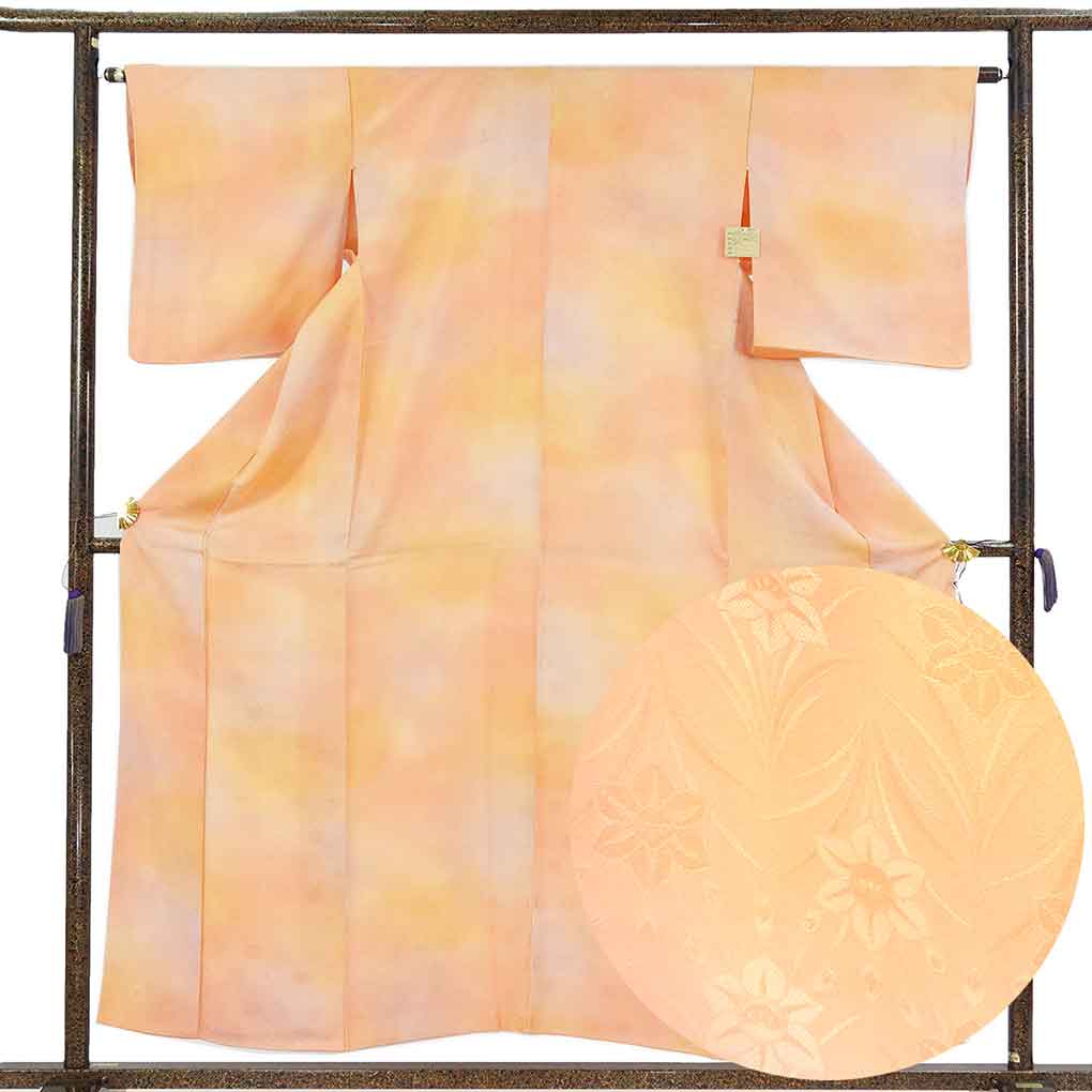 色無地 身丈155cm 裄丈66cm 正絹 名品 【中古】 美品】 色無地 身丈159cm 裄丈66cm M 袷 地紋 灰緑 正絹 秀品｜中古