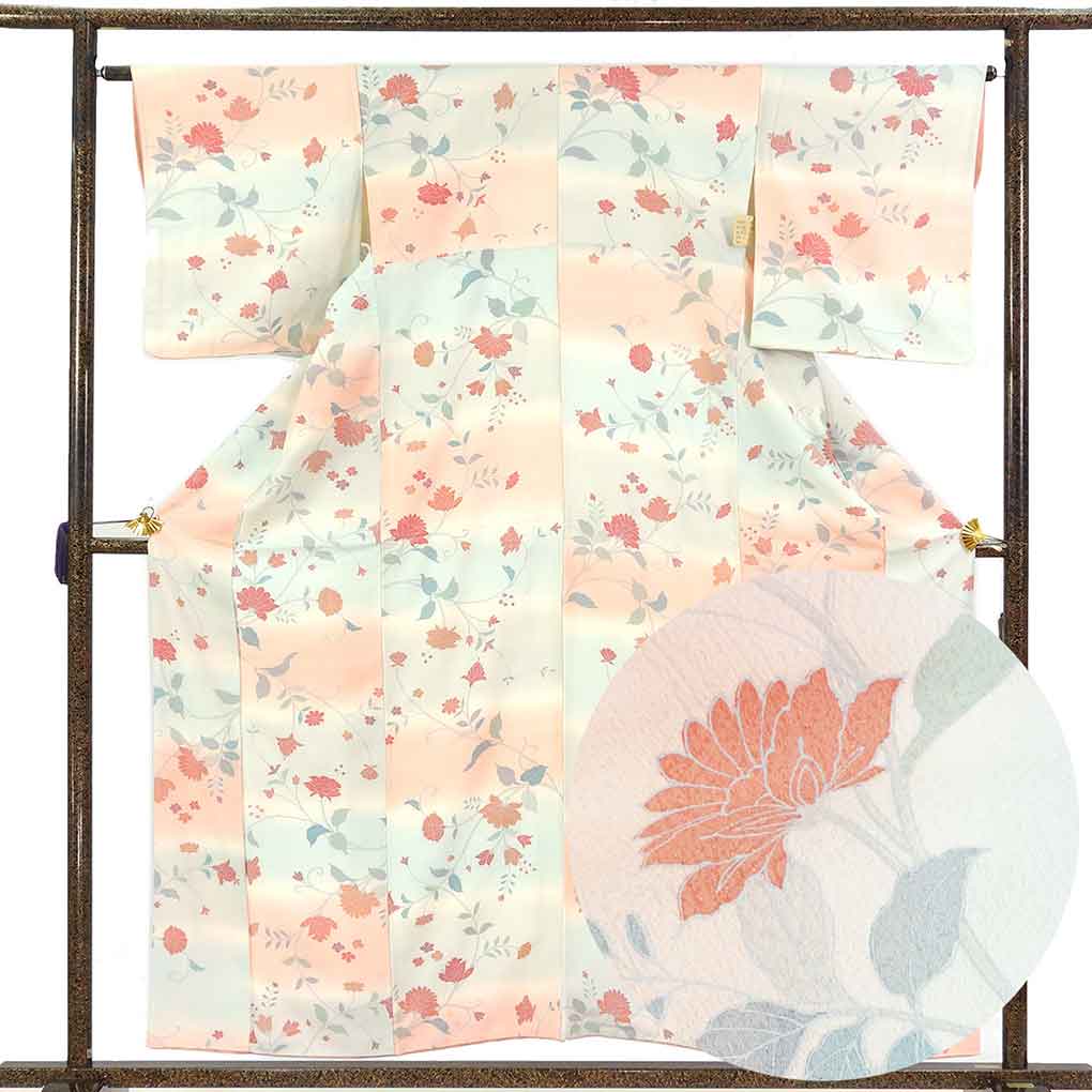 小紋 リサイクル着物 身丈160cm 裄65cm 前幅22cm 後幅29cm 袖丈49cm 袖幅33cm レディース 袷 花柄 裄Mサイズ 秋冬春用 正絹（シルク）ピンク やや難 リメイク リユース【ランクB】