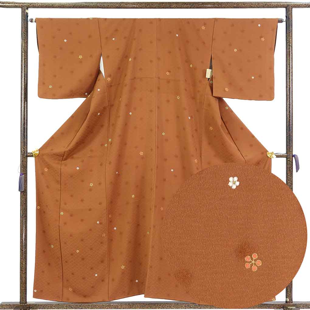 小紋 リサイクル着物 身丈158cm 裄65cm 前幅25cm 後幅31cm 袖丈46cm 袖幅33cm レディース 袷 梅柄 裄Mサイズ 秋冬春用 正絹（シルク）ブラウン 美品 リメイク リユース【ランクA】