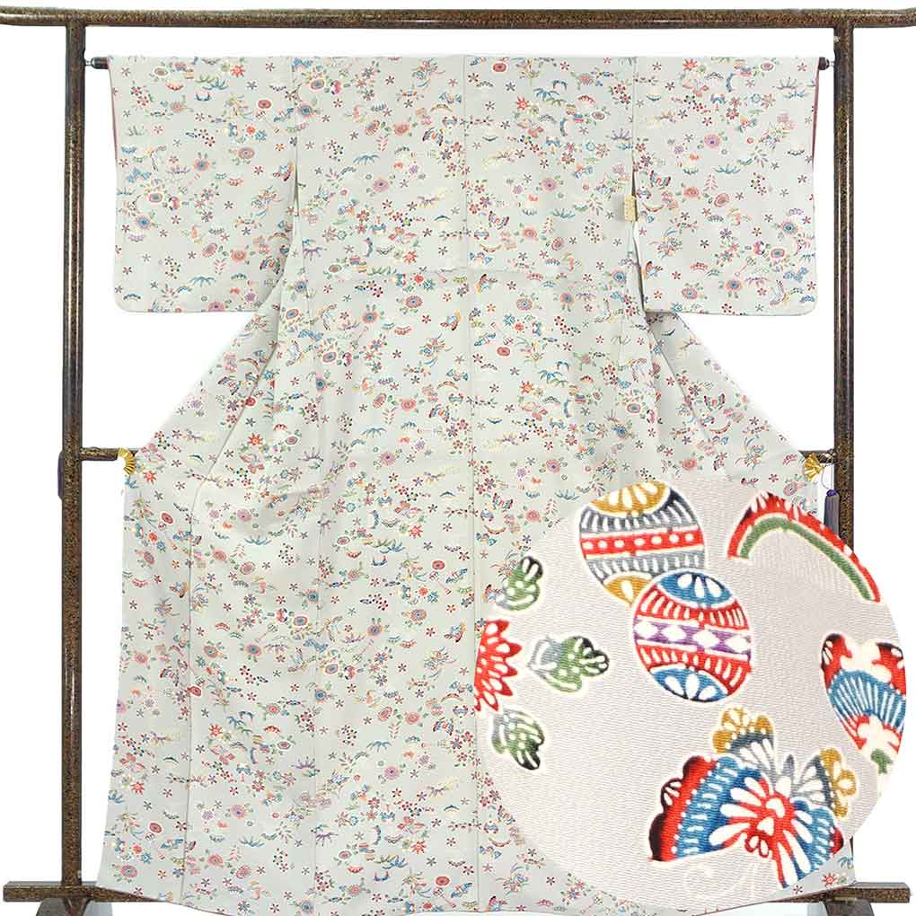 小紋 リサイクル着物 身丈164cm 裄65cm 前幅25cm 後幅30cm 袖丈49cm 袖幅33cm レディース 袷 紅型調 裄Mサイズ 秋冬春用 正絹（シルク）グレー トールサイズ 難有り リメイク リユース【ランクC】