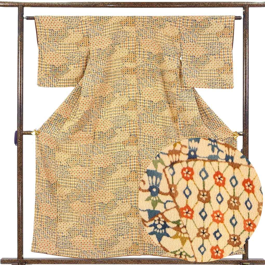 小紋 リサイクル着物 身丈160cm 裄63cm 前幅24cm 後幅30cm 袖丈47cm 袖幅32cm レディース 袷 連続模様 裄Mサイズ 秋冬春用 正絹（シルク）ブラウン 美品 リメイク リユース【ランクA】