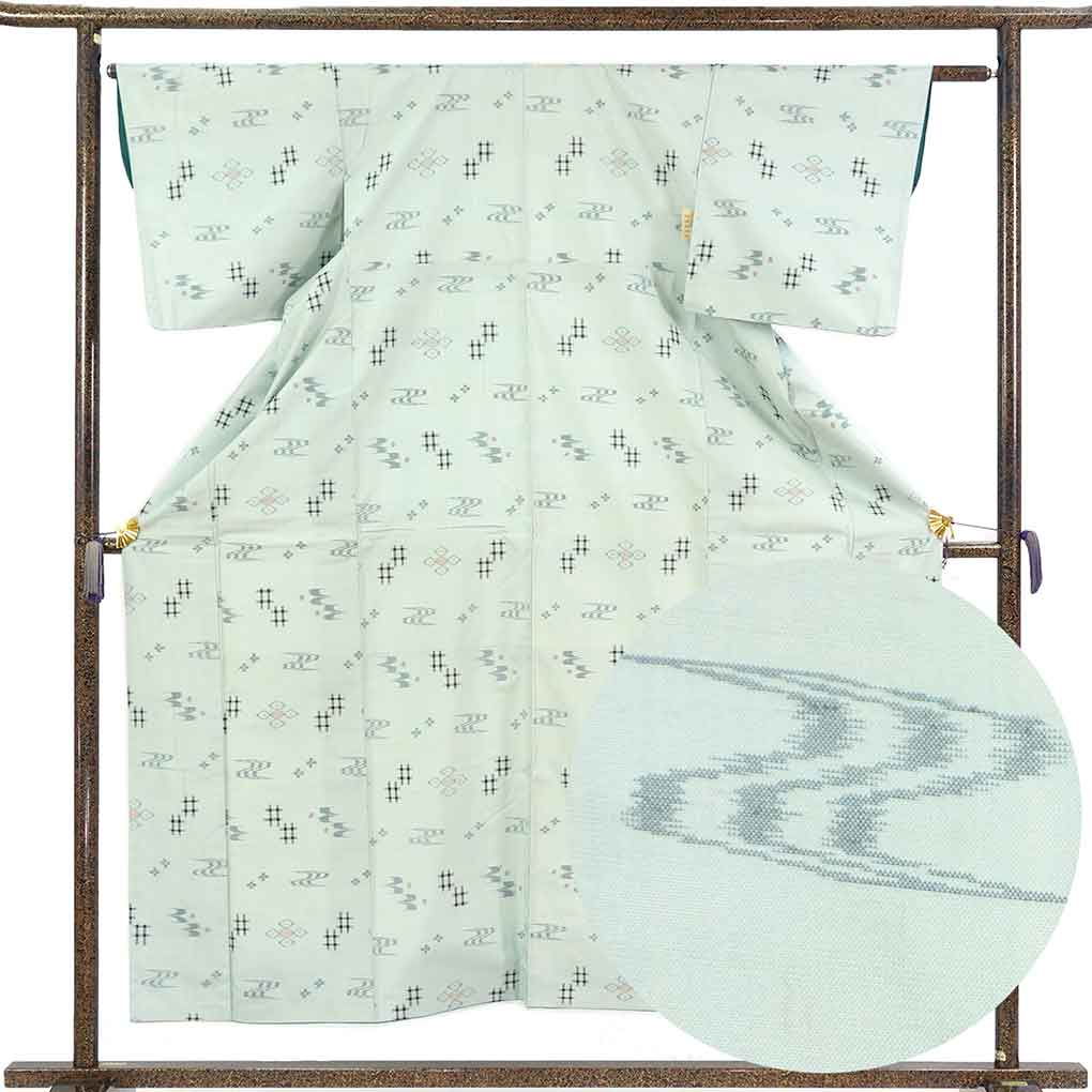 紬 リサイクル着物 身丈154cm 裄62cm 前幅22.5cm 後幅28cm 袖丈45.5cm 袖幅32cm レディース 袷 琉球柄 裄Sサイズ 秋冬春用 正絹（シルク）ブルー やや難 リメイク リユース【ランクB】