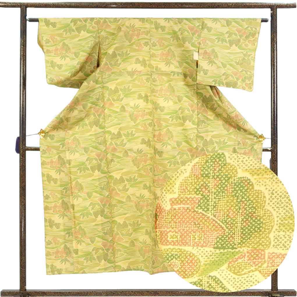 紬 リサイクル着物 身丈153cm 裄62cm 前幅23cm 後幅29cm 袖丈45cm 袖幅32cm レディース 単衣 風景画 裄Sサイズ 初夏・初秋用 正絹（シルク）イエロー 美品 リメイク リユース【ランクA】