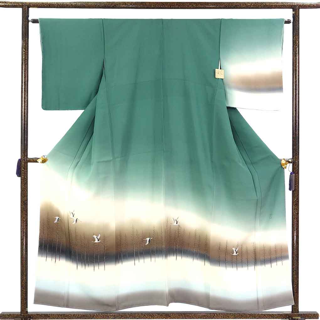 訪問着 リサイクル着物 身丈156cm 裄64cm 前幅28.5cm 後幅31cm 袖丈49cm 袖幅32cm レディース 袷 鶴 裄Mサイズ 秋冬春用 正絹（シルク）グリーン 未使用品 作家もの リメイク リユース【ランクS】