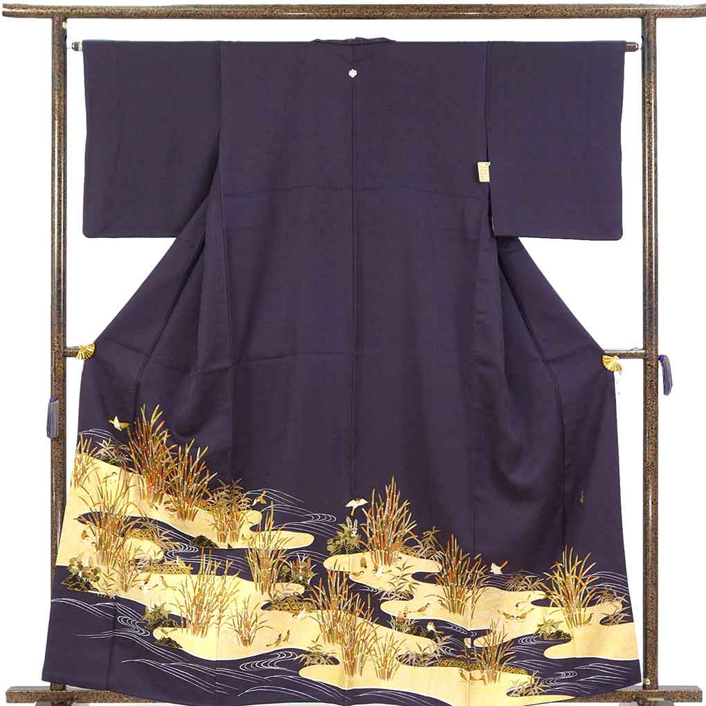 色留袖 リサイクル着物 身丈161cm 裄65cm 前幅26.5cm 後幅31.5cm 袖丈48cm 袖幅32.5cm レディース 袷 金彩 裄Mサイズ 秋冬春用 正絹（シルク）パープル 美品 松尾光琳 リメイク リユース【ランクA】