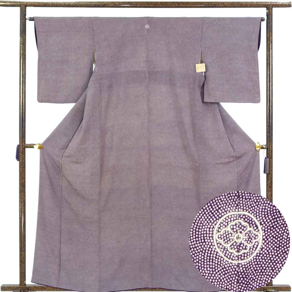 小紋 リサイクル着物 身丈162cm 裄64cm 前幅25cm 後幅30.5cm 袖丈51cm 袖幅32cm レディース 袷 鮫小紋 裄Mサイズ 秋冬春用 正絹（シルク）パープル やや難 リメイク リユース【ランクB】
