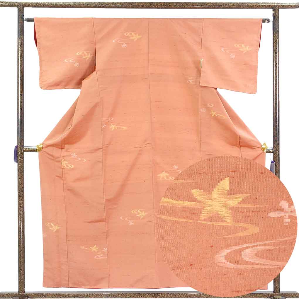 紬 リサイクル着物 身丈158cm 裄62cm 前幅22cm 後幅29cm 袖丈45cm 袖幅32cm レディース 袷 流水 裄Sサイズ 秋冬春用 正絹（シルク）ブラウン 未使用品 リメイク リユース【ランクS】