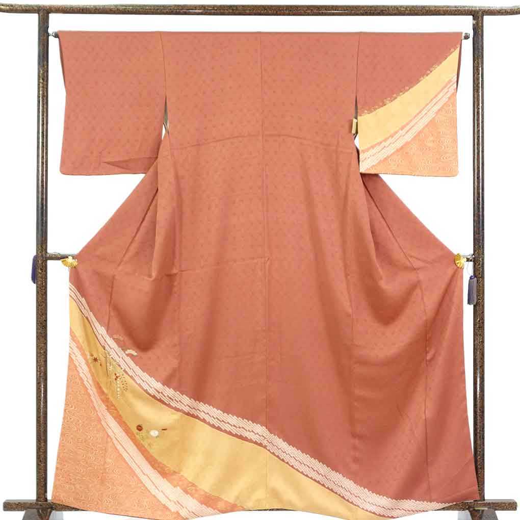 訪問着 リサイクル着物 身丈164cm 裄65cm 前幅25.5cm 後幅30.5cm 袖丈49cm 袖幅32cm レディース 袷 絞り 裄Mサイズ 秋冬春用 正絹（シルク）ブラウン トールサイズ やや難 リメイク リユース【ランクB】