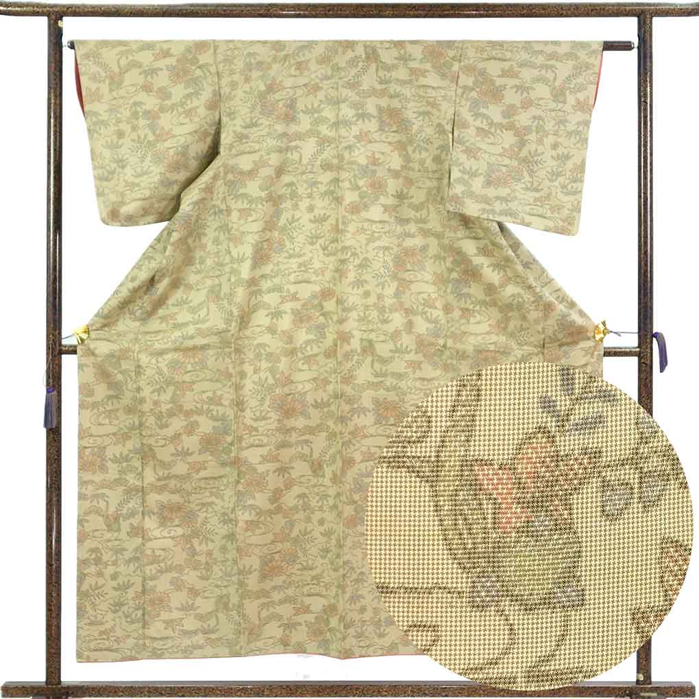 紬 リサイクル着物 身丈154cm 裄62cm 前幅23.5cm 後幅29cm 袖丈49cm 袖幅32.5cm レディース 袷 花柄 裄Sサイズ 秋冬春用 正絹（シルク）グリーン 未使用品 リメイク リユース【ランクS】