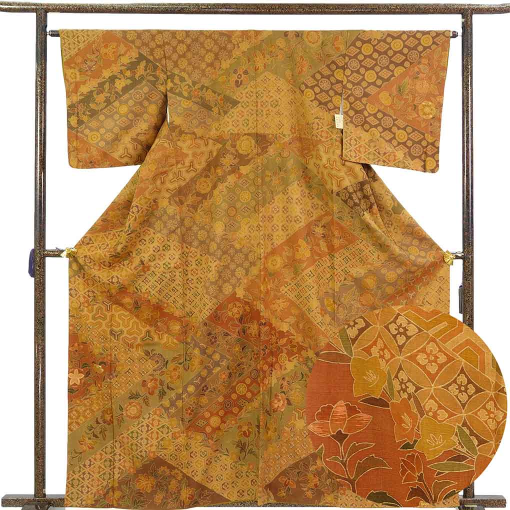 訪問着 リサイクル着物 身丈163cm 裄64cm 前幅24.5cm 後幅30cm 袖丈49cm 袖幅32cm レディース 袷 花柄 裄Mサイズ 秋冬春用 正絹（シルク）ブラウン 美品 リメイク リユース【ランクA】