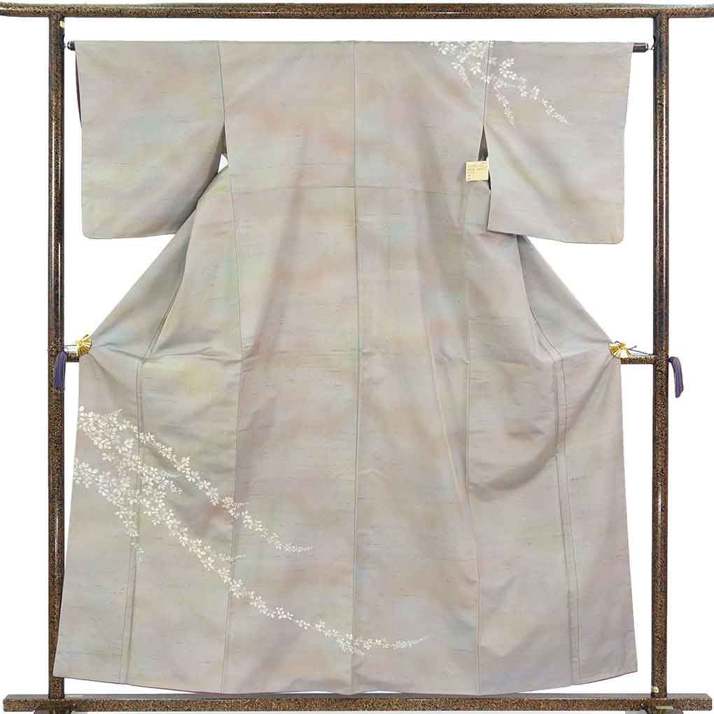 訪問着 リサイクル着物 身丈158cm 裄64cm 前幅24cm 後幅30.5cm 袖丈49cm 袖幅33cm レディース 袷 萩柄 裄Mサイズ 秋冬春用 正絹（シルク）グレー 美品 リメイク リユース【ランクA】