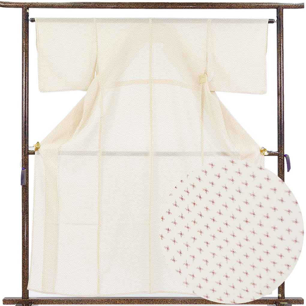 紬 リサイクル着物 身丈159cm 裄65cm 前幅25cm 後幅31cm 袖丈44cm 袖幅33cm レディース 絣模様 裄Mサイズ 夏用 正絹（シルク）ベージュ 美品 リメイク リユース【ランクA】