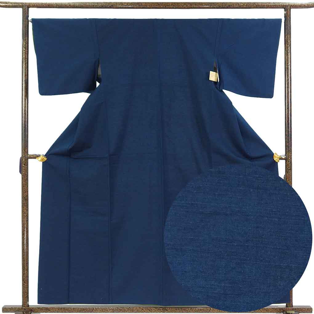 紬 リサイクル着物 身丈159cm 裄67cm 前幅22.5cm 後幅30cm 袖丈45cm 袖幅33.5cm レディース 袷 無地 裄長 裄Lサイズ 秋冬春用 正絹（シルク）ネイビー 美品 リメイク リユース【ランクA】