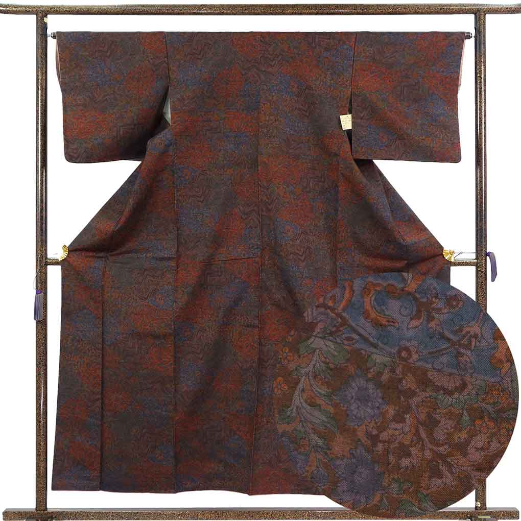 紬 リサイクル着物 身丈157cm 裄65cm 前幅25cm 後幅29cm 袖丈47cm 袖幅34cm レディース 袷 花柄 裄Mサイズ 秋冬春用 正絹（シルク）ブラウン 美品 リメイク リユース【ランクA】