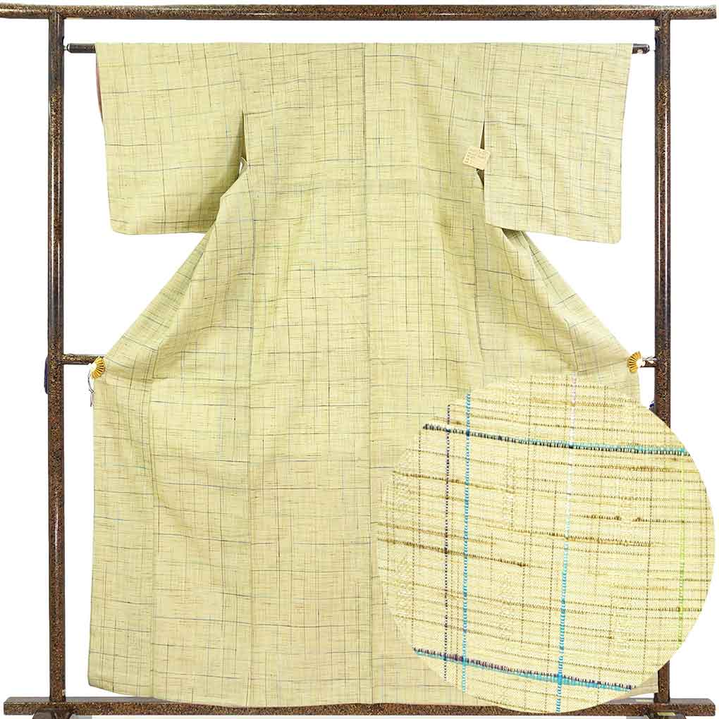 紬 リサイクル着物 身丈161cm 裄61cm 前幅23.5cm 後幅28.5cm 袖丈49cm 袖幅32cm レディース 袷 格子 裄Sサイズ 秋冬春用 正絹（シルク）グリーン 美品 リメイク リユース【ランクA】