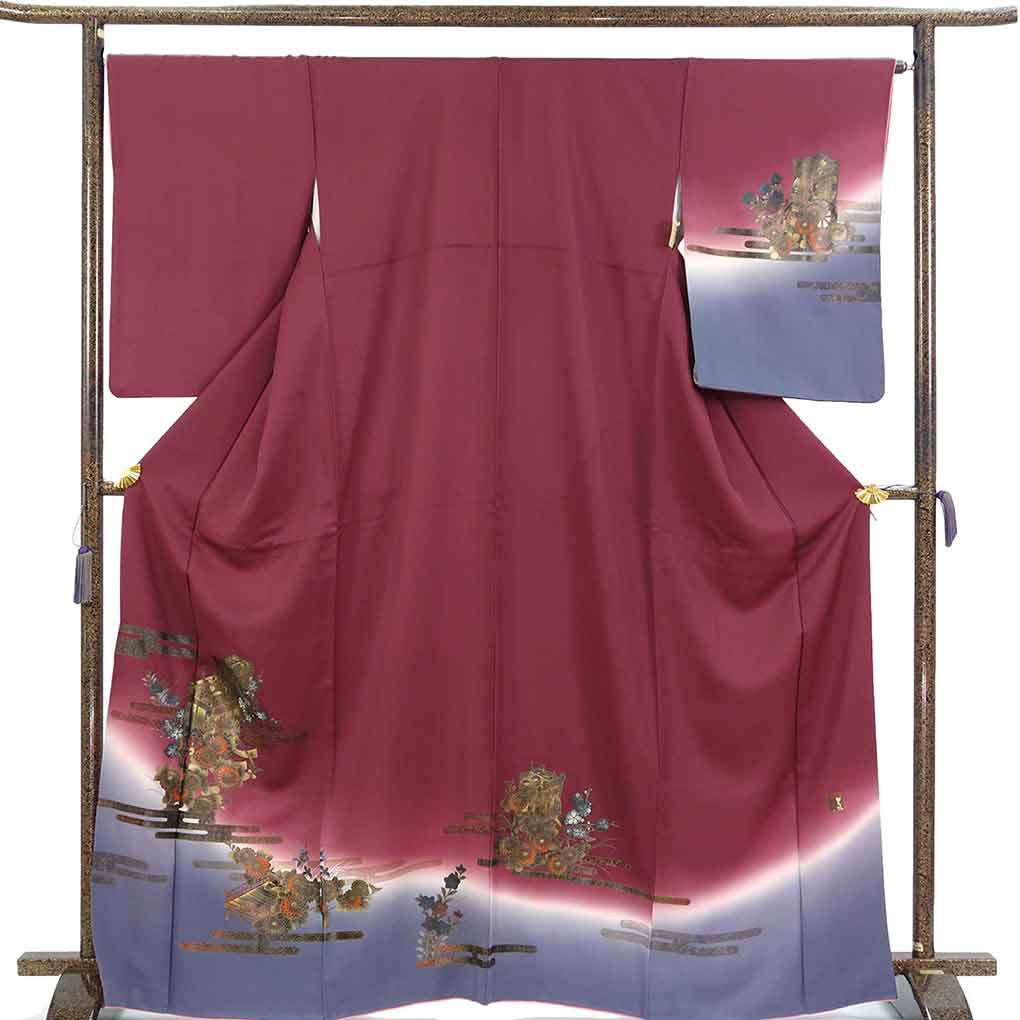 訪問着 リサイクル着物 身丈168cm 裄68cm 前幅27cm 後幅32cm 袖丈60cm 袖幅34cm レディース 袷 御所車 裄長 裄Lサイズ 秋冬春用 正絹（シルク）パープル トールサイズ やや難 リメイク リユース【ランクB】