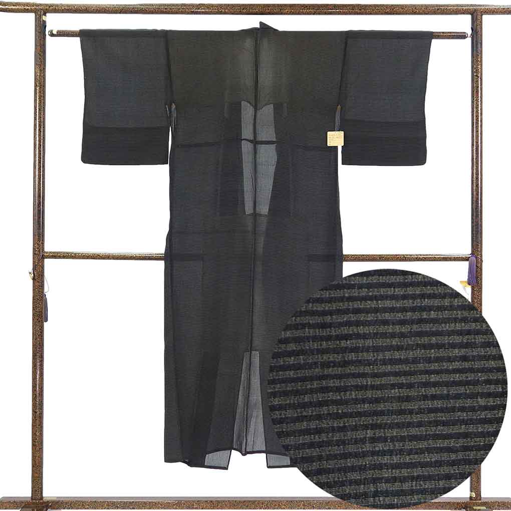 小紋 リサイクル着物 身丈140cm 裄58cm 前幅24cm 後幅30.5cm 袖丈45cm 袖幅29cm レディース 縞 裄SSサイズ 夏用 正絹（シルク）ブラック 美品 リメイク リユース【ランクA】