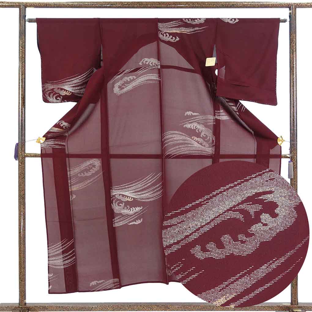 紋紗着物 リサイクル着物 身丈155cm 裄65cm 前幅23cm 後幅30cm 袖丈50cm 袖幅32cm レディース 波頭 裄Mサイズ 夏用 正絹（シルク）パープル 未使用品 リメイク リユース【ランクS】