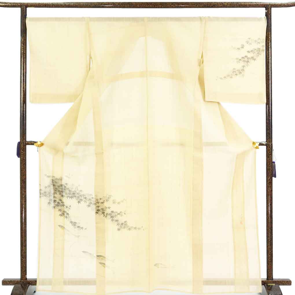 訪問着 リサイクル着物 身丈165cm 裄70cm 前幅24cm 後幅29.5cm 袖丈52cm 袖幅35cm レディース 鮎 裄長 裄L-LLサイズ 夏用 正絹（シルク）ブラウン トールサイズ 美品 作家もの リメイク リユース【ランクA】