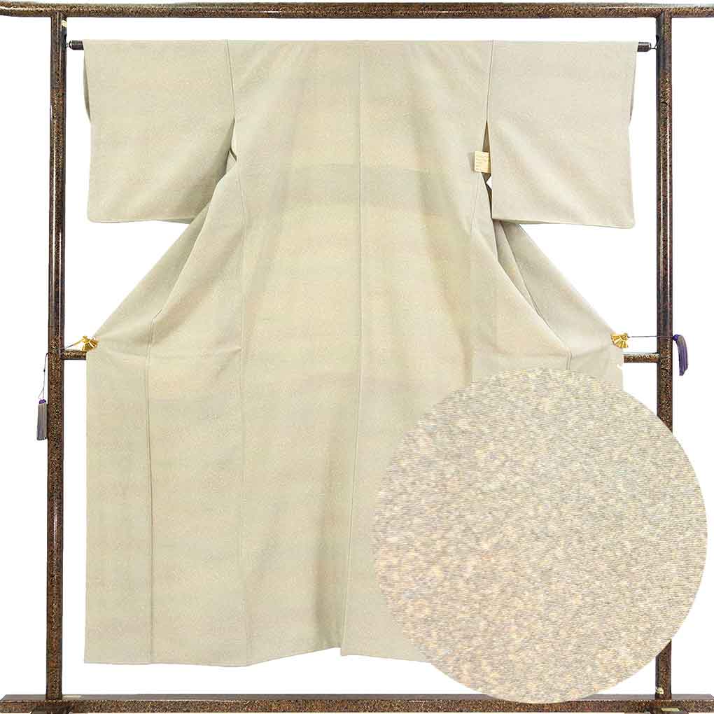 小紋 リサイクル着物 身丈153cm 裄64cm 前幅22.5cm 後幅30cm 袖丈46cm 袖幅33cm レディース 袷 天目染 裄Mサイズ 秋冬春用 正絹（シルク）グリーン やや難 リメイク リユース【ランクB】