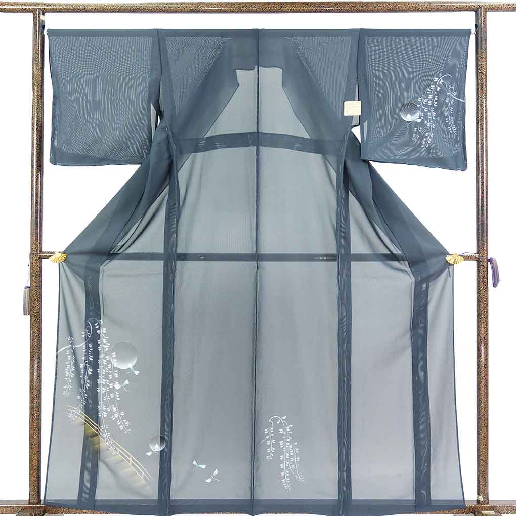 訪問着 リサイクル着物 身丈163cm 裄68cm 前幅25cm 後幅30cm 袖丈49cm 袖幅34cm レディース トンボ 裄長 裄Lサイズ 夏用 正絹（シルク）ネイビー 未使用品 リメイク リユース【ランクS】