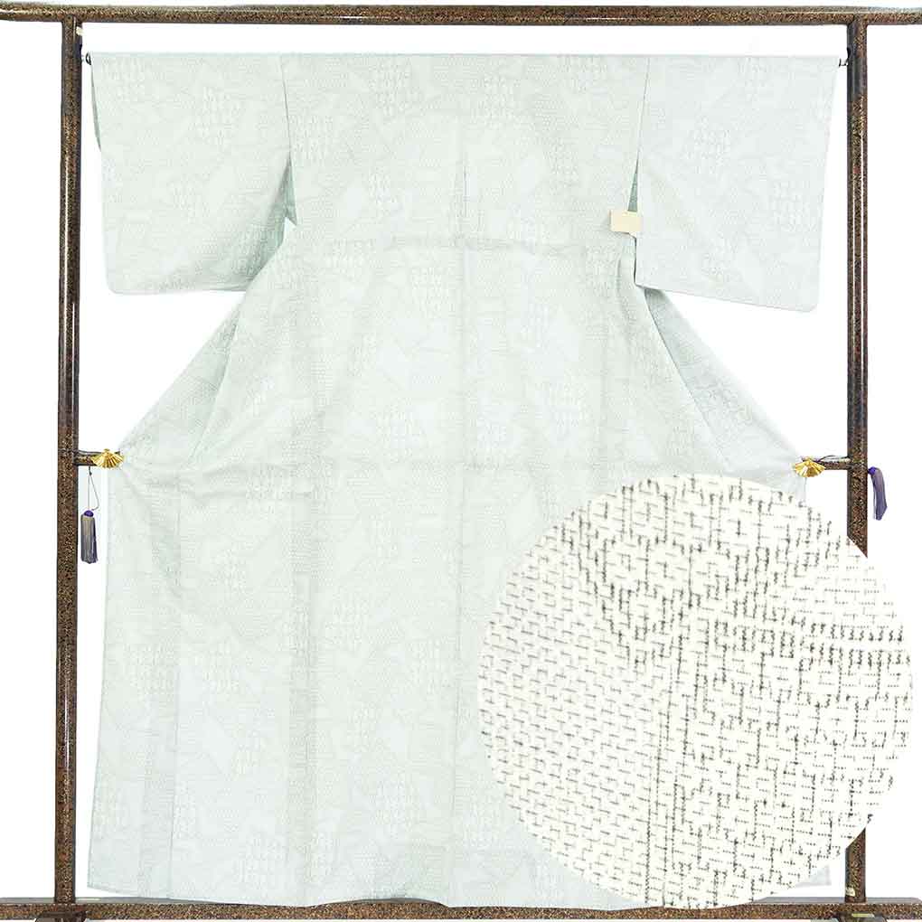 紬 リサイクル着物 身丈160cm 裄67cm 前幅25cm 後幅30cm 袖丈48cm 袖幅33.5cm レディース 単衣 絣模様 裄長 裄Lサイズ 初夏・初秋用 正絹（シルク）グレー やや難 リメイク リユース【ランクB】