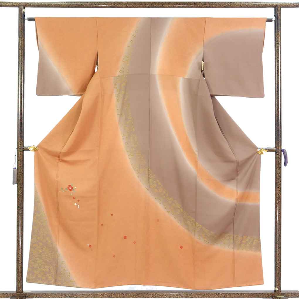 訪問着 リサイクル着物 身丈156cm 裄64cm 前幅22.5cm 後幅28cm 袖丈47cm 袖幅32cm レディース 袷 墨流し 裄Mサイズ 秋冬春用 正絹（シルク）ブラウン 美品 リメイク リユース【ランクA】