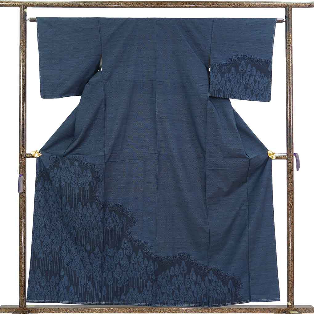 訪問着 リサイクル着物 身丈160cm 裄64cm 前幅22cm 後幅29cm 袖丈47cm 袖幅32.5cm レディース 袷 木立 裄Mサイズ 秋冬春用 正絹（シルク）ネイビー 未使用品 リメイク リユース【ランクS】