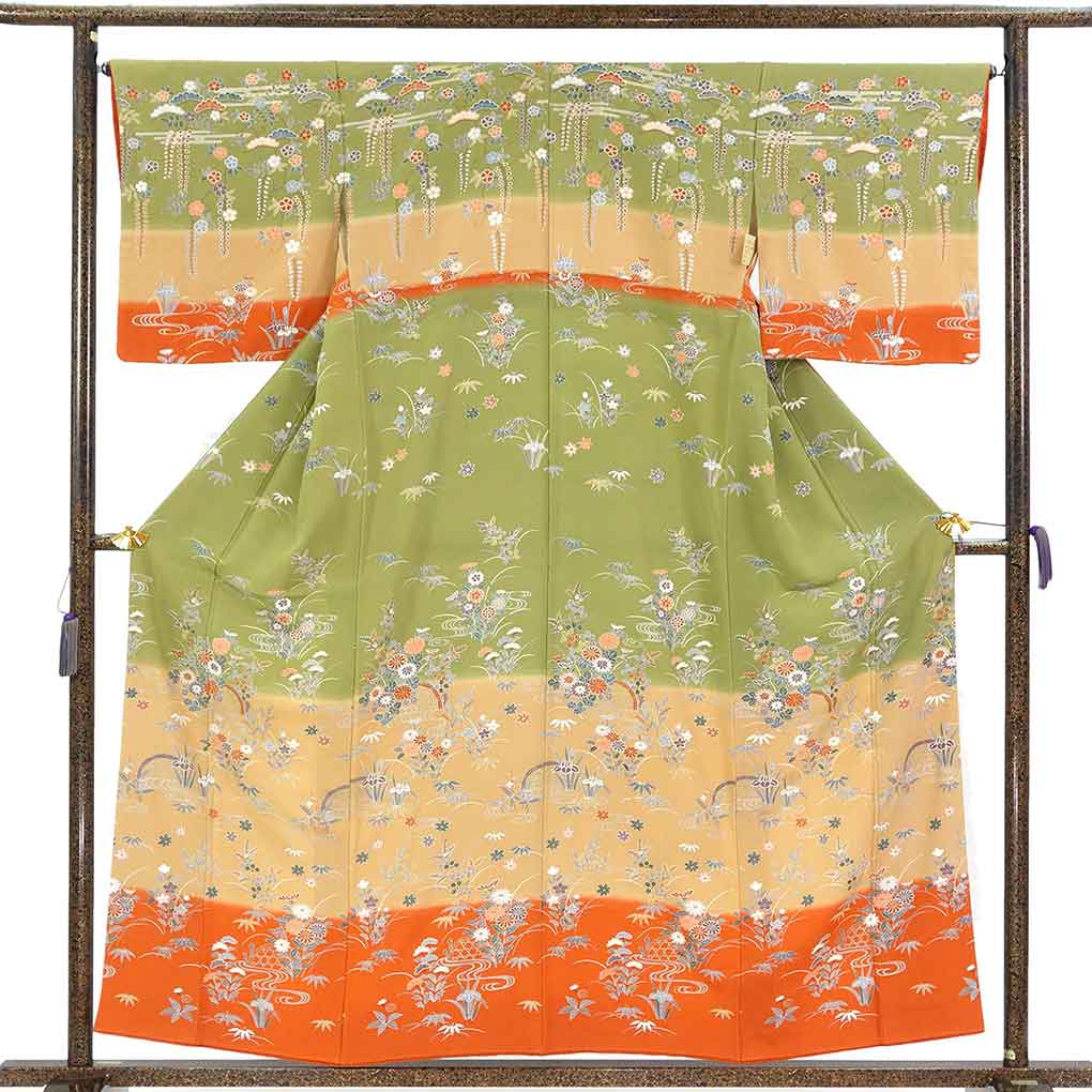 訪問着 リサイクル着物 身丈159cm 裄66cm 前幅22cm 後幅31cm 袖丈48cm 袖幅34cm レディース 袷 四季の花柄 裄長 裄M-Lサイズ 秋冬春用 正絹（シルク）グリーン 美品 リメイク リユース【ランクA】