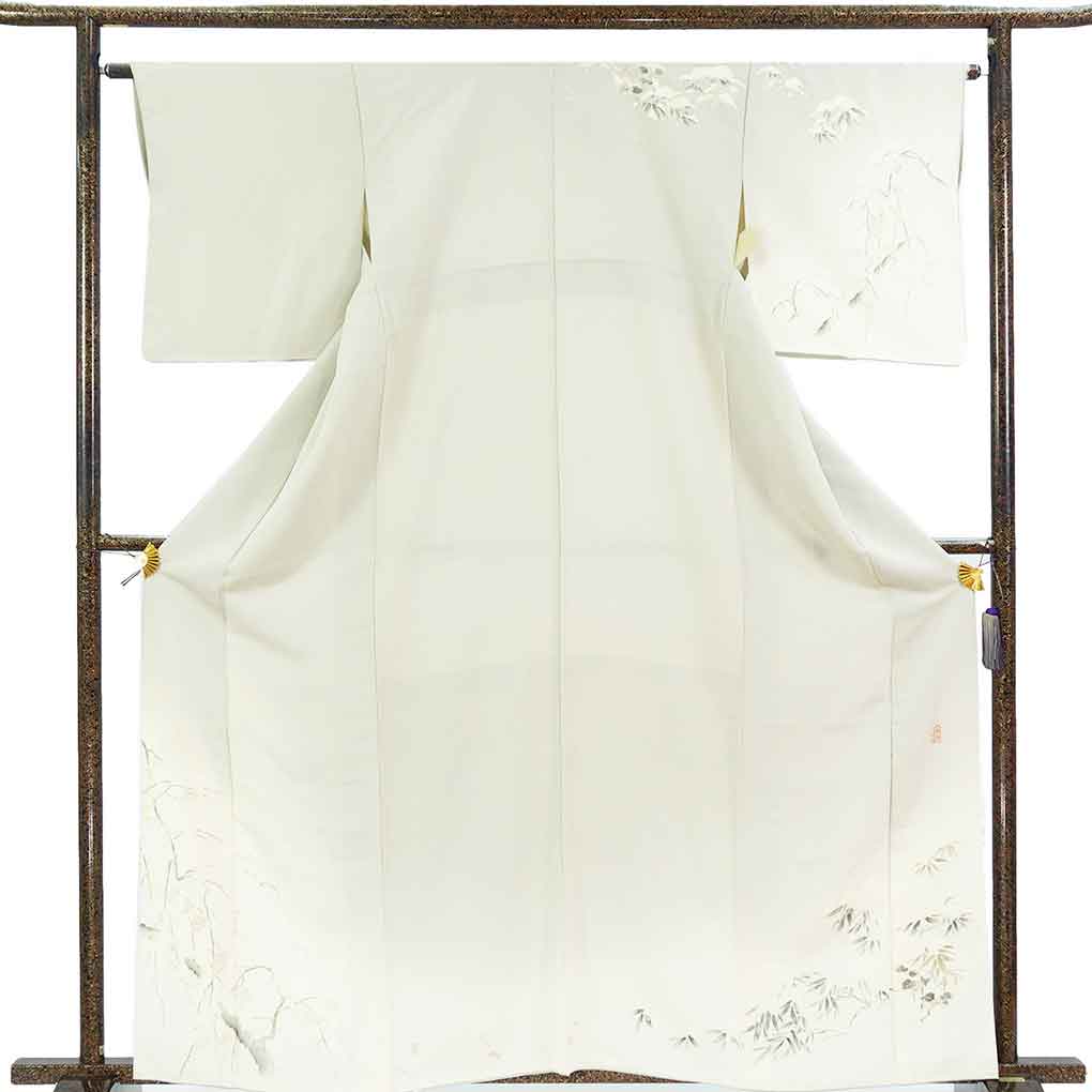 訪問着 リサイクル着物 身丈164cm 裄66cm 前幅25cm 後幅29.5cm 袖丈49cm 袖幅33cm レディース 袷 雪景色 裄長 裄M-Lサイズ 秋冬春用 正絹（シルク）グレー トールサイズ 美品 リメイク リユース【ランクA】