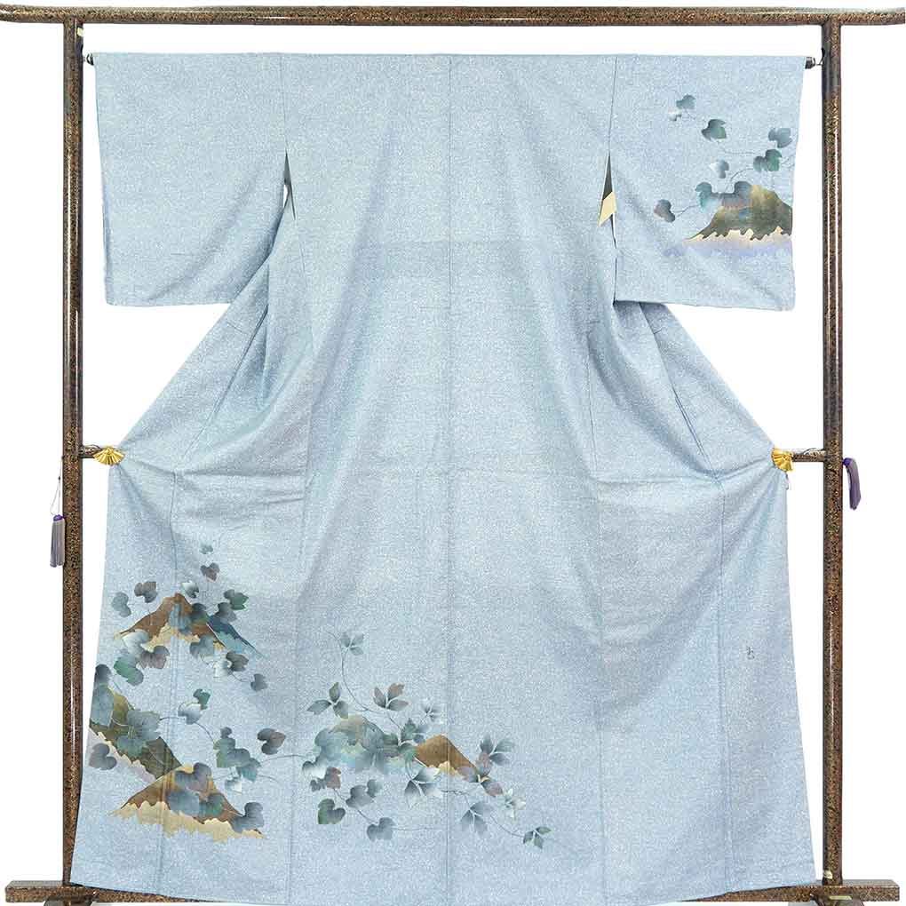 訪問着 リサイクル着物 身丈163cm 裄66cm 前幅24cm 後幅29.5cm 袖丈49cm 袖幅34.5cm レディース 袷 蔦柄 裄長 裄M-Lサイズ 秋冬春用 正絹（シルク）ブルー 未使用品 リメイク リユース【ランクS】