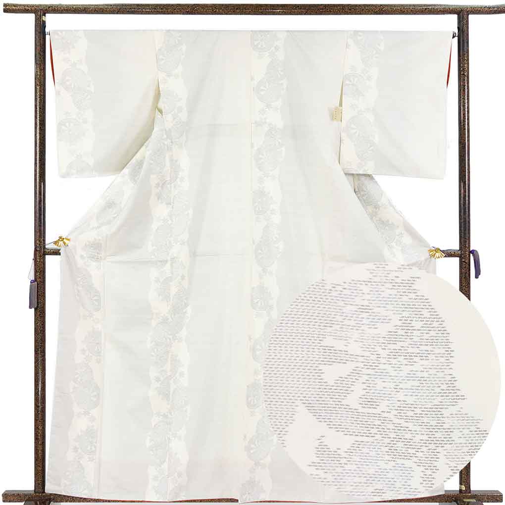 紬アンサンブル リサイクル着物 羽織(コート）丈85cm 身丈162cm 裄67cm 前幅23cm 後幅30cm 袖丈53cm 袖幅34cm レディース 袷 源氏車 裄長 裄Lサイズ 秋冬春用 正絹（シルク）ホワイト 美品 リメイク リユース【ランクA】