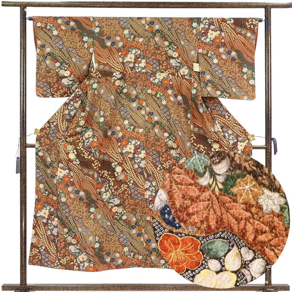 小紋 リサイクル着物 身丈150cm 裄66cm 前幅23.5cm 後幅30cm 袖丈49cm 袖幅33cm レディース 袷 辻ヶ花 裄長 裄M-Lサイズ 秋冬春用 正絹（シルク）ブラウン 美品 リメイク リユース【ランクA】