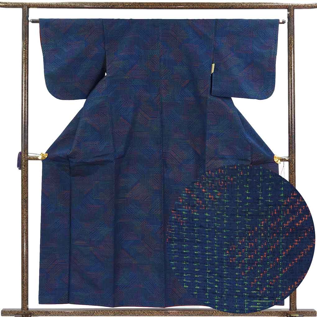 紬 リサイクル着物 身丈159cm 裄64cm 前幅24.5cm 後幅28.5cm 袖丈47cm 袖幅33cm レディース 袷 幾何学 裄Mサイズ 秋冬春用 正絹（シルク）ネイビー 美品 リメイク リユース【ランクA】