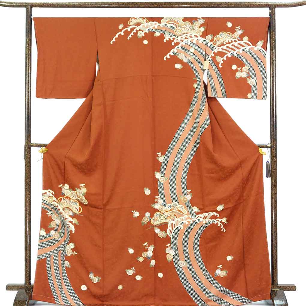 訪問着 リサイクル着物 身丈172cm 裄68cm 前幅24.5cm 後幅30cm 袖丈49cm 袖幅34.5cm レディース 袷 波頭 裄長 裄Lサイズ 秋冬春用 正絹（シルク）ブラウン トールサイズ やや難 リメイク リユース【ランクB】