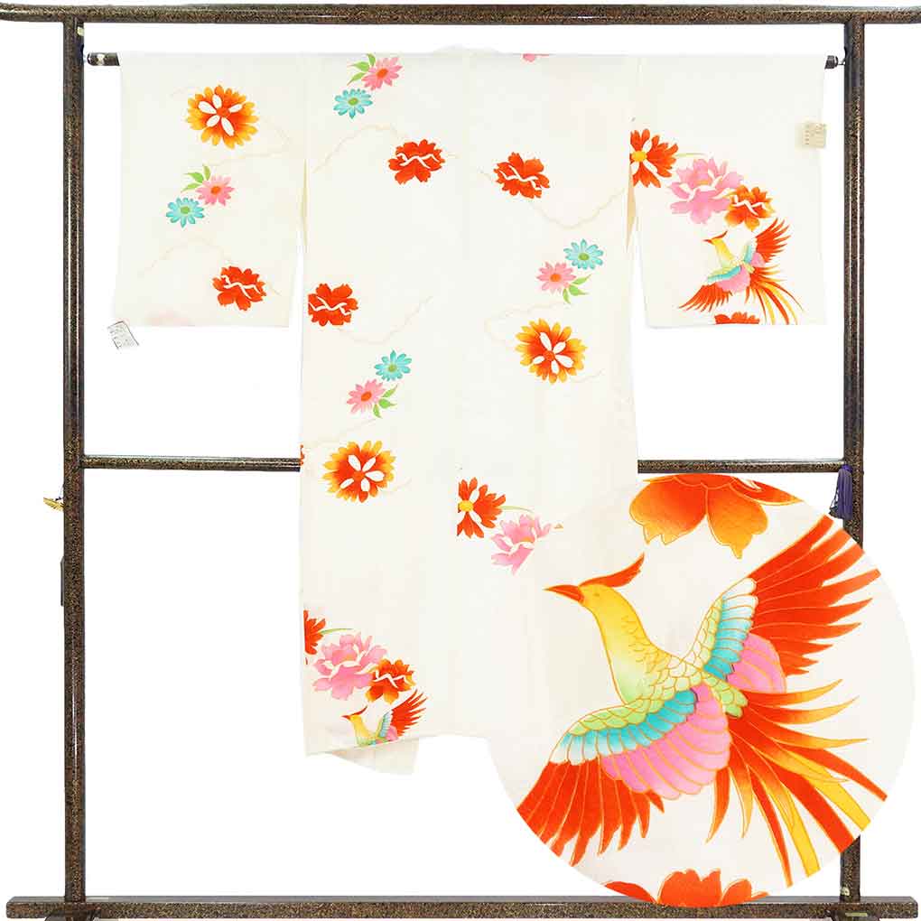 長襦袢 リサイクル着物 襦袢丈127cm 裄64cm 袖丈50cm 袖幅33cm レディース 袷 花柄 裄Mサイズ 秋冬春用 正絹（シルク）ホワイト 美品 リメイク リユース【ランクA】