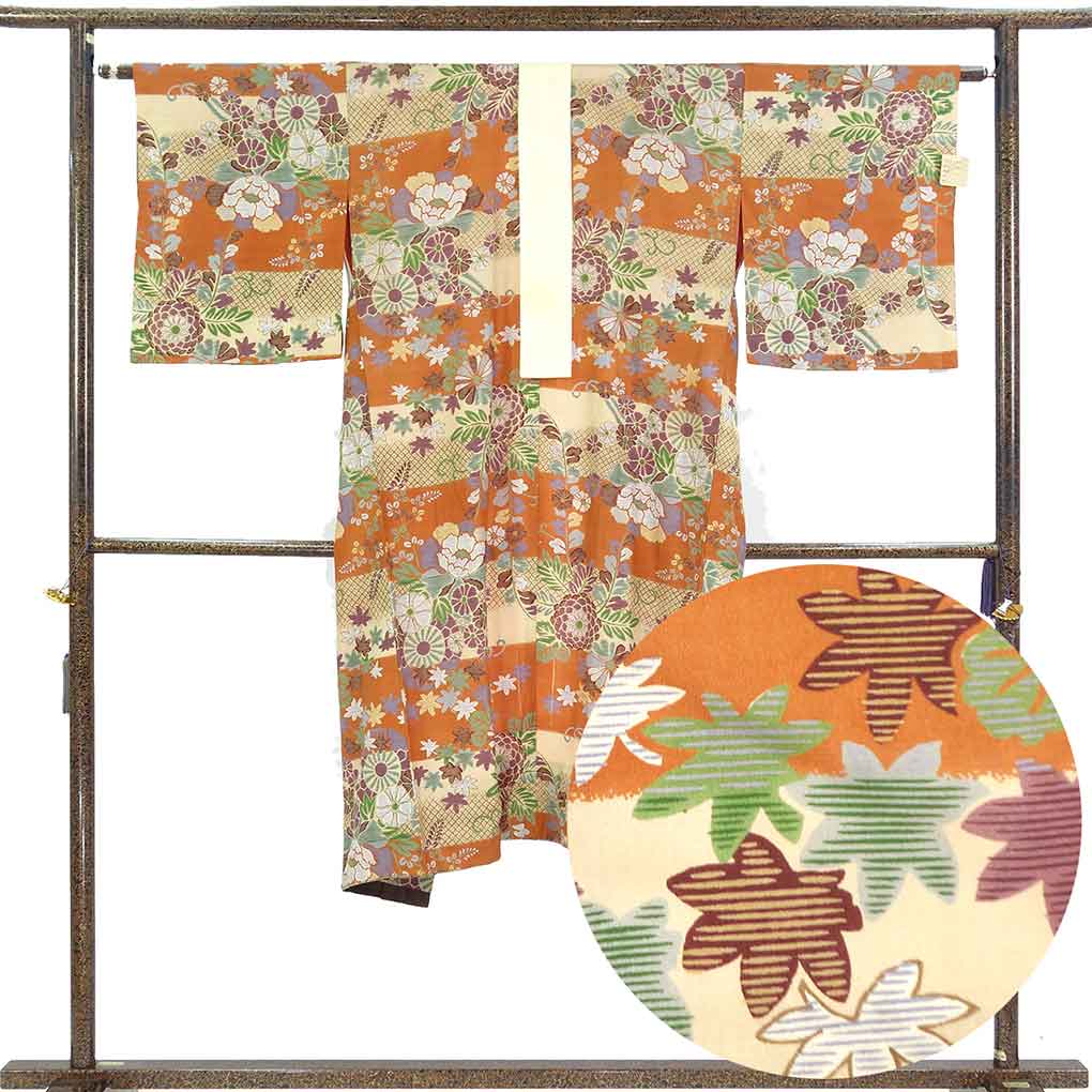 長襦袢 リサイクル着物 襦袢丈125cm 裄62.5cm 袖丈47cm 袖幅32cm レディース 袷 花柄 裄Sサイズ 秋冬春用 正絹（シルク）ブラウン 美品 リメイク リユース【ランクA】
