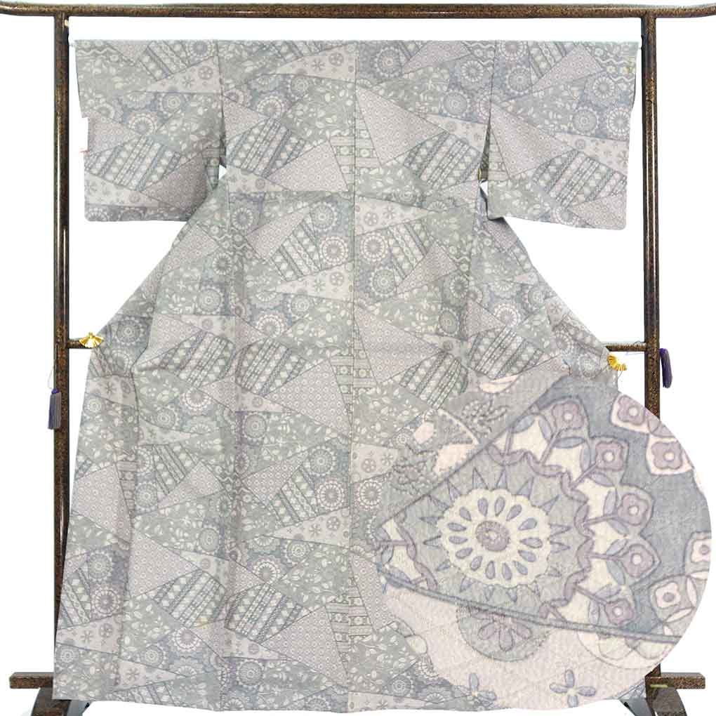 小紋 リサイクル着物 身丈169cm 裄67cm 前幅26cm 後幅31cm 袖丈48cm 袖幅34cm レディース 単衣 花柄 裄長 裄Lサイズ 初夏・初秋用 正絹（シルク）グレー トールサイズ 難有り リメイク リユース【ランクC】