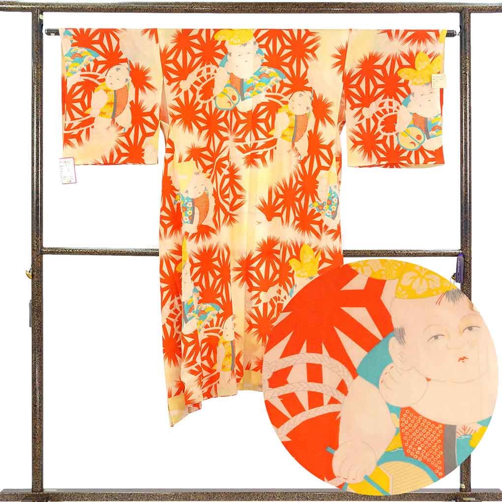 長襦袢 リサイクル着物 襦袢丈126cm 裄64cm 袖丈48cm 袖幅33cm レディース 袷 唐子人形 裄Mサイズ 秋冬春用 正絹（シルク）ピンク 美品 アンティーク リメイク リユース【ランクA】