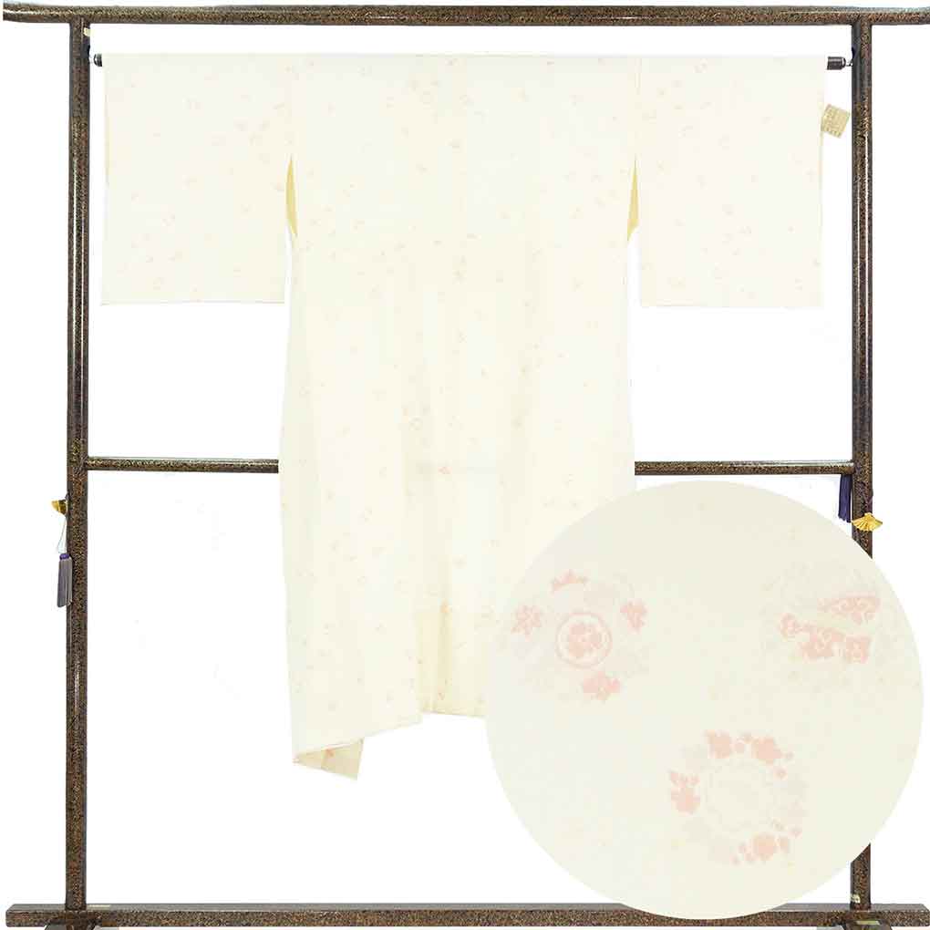 長襦袢 リサイクル着物 襦袢丈126cm 裄64cm 袖丈47cm 袖幅33cm レディース 袷 花丸紋 裄Mサイズ 秋冬春用 正絹（シルク）ホワイト やや難 リメイク リユース【ランクB】