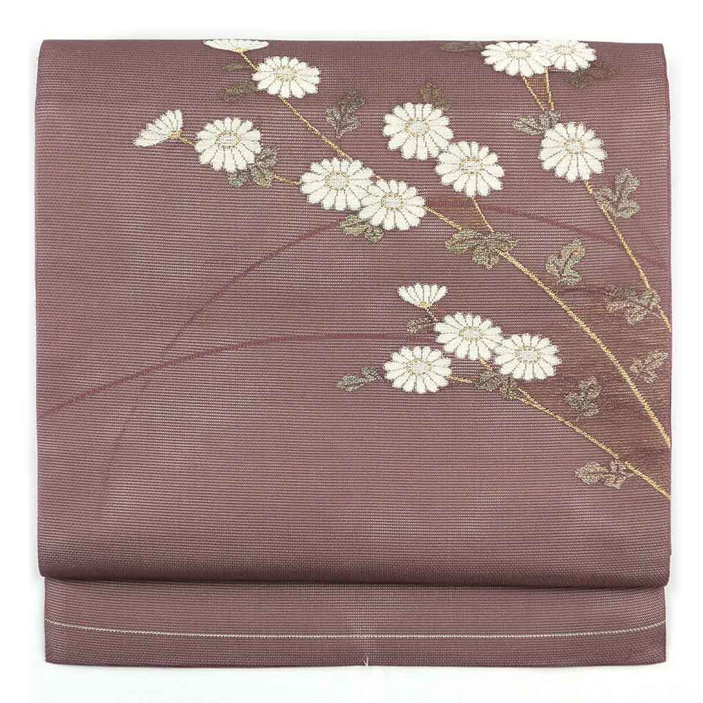 名古屋帯 リサイクル帯 幅30cm 長さ350cm レディース 花柄 夏用 正絹（シルク）パープル 美品 リメイク リユース【ランクA】