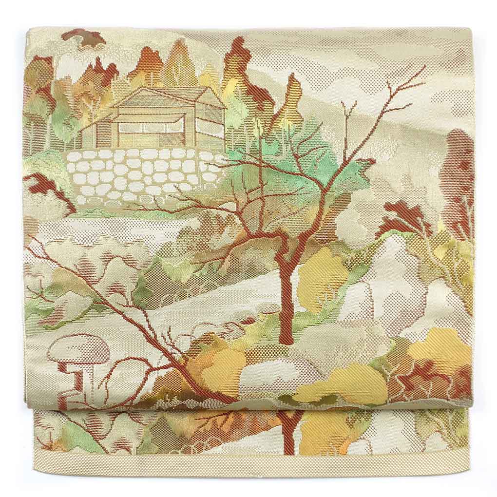 名古屋帯 リサイクル帯 幅30cm 長さ352cm レディース 風景画 秋冬春用 正絹（シルク）グレー 美品 リメイク リユース【ランクA】