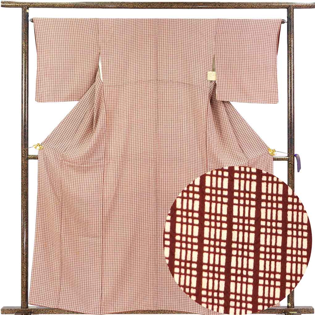 小紋 リサイクル着物 身丈160cm 裄65cm 前幅23cm 後幅29cm 袖丈46cm 袖幅33cm レディース 袷 連続模様 裄Mサイズ 秋冬春用 正絹（シルク）ブラウン やや難 リメイク リユース【ランクB】