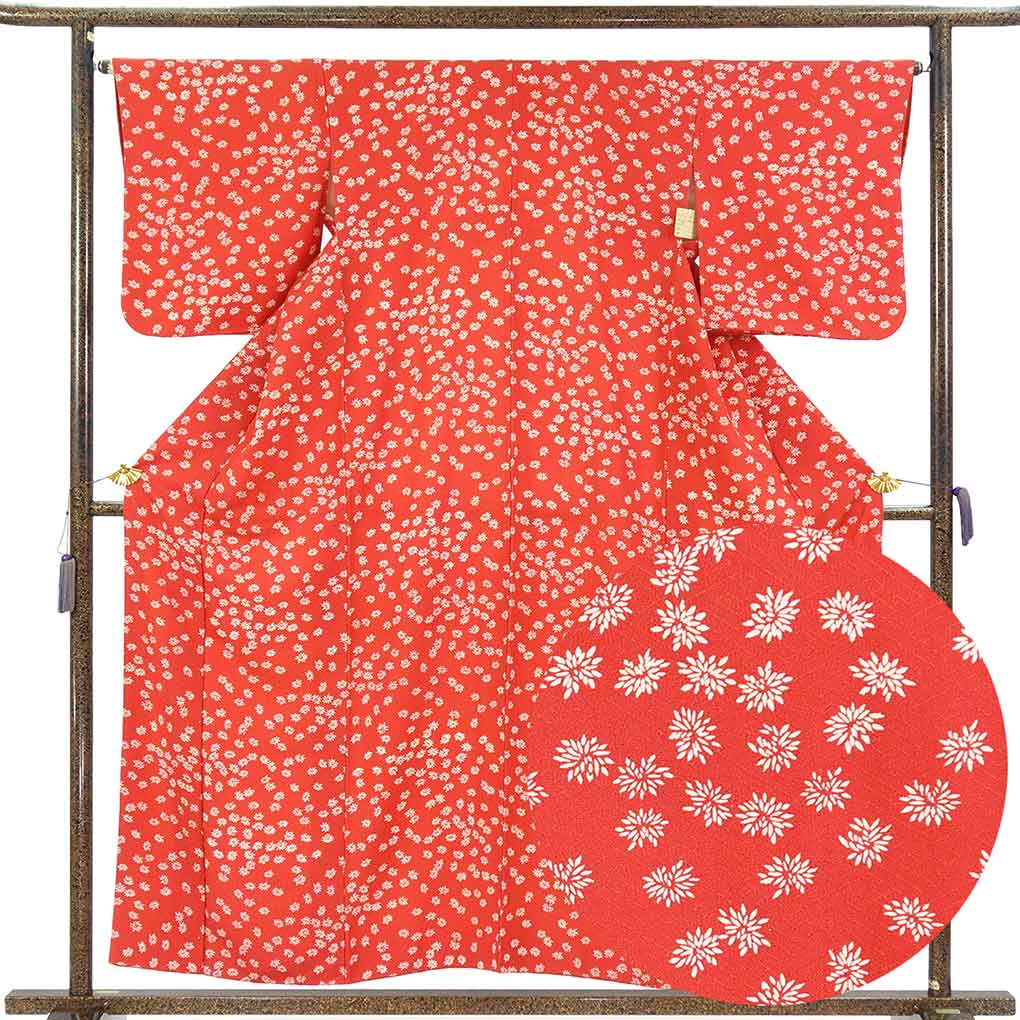 小紋 リサイクル着物 身丈157cm 裄65cm 前幅24cm 後幅29cm 袖丈48cm 袖幅33.5cm レディース 袷 花柄 裄Mサイズ 秋冬春用 正絹（シルク）レッド 美品 リメイク リユース【ランクA】