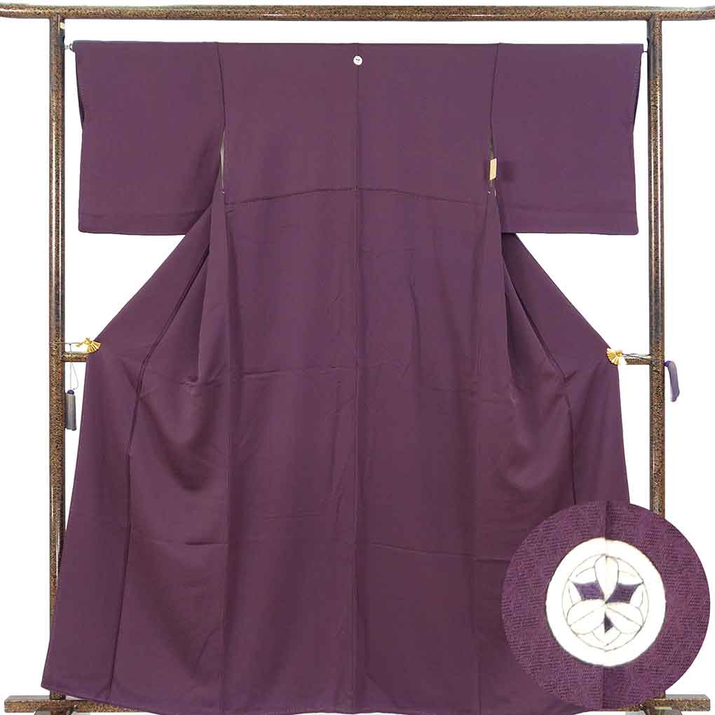 色無地 リサイクル着物 身丈161cm 裄66cm 前幅27cm 後幅32cm 袖丈46cm 袖幅33cm レディース 袷 無地 裄長 裄M-Lサイズ 秋冬春用 正絹（シルク）パープル 美品 リメイク リユース【ランクA】